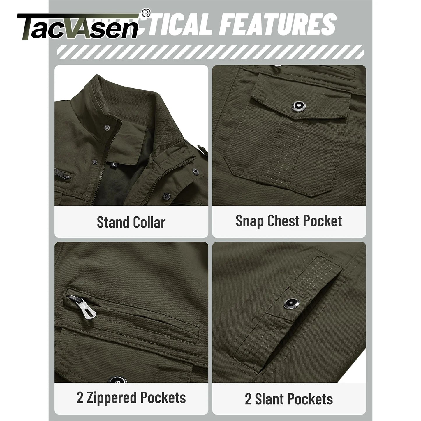 TACVASEN Pilot Bomber Jacket Coats Mens Cotton Cargo Jackets With Zipper Pockets Retro Casual Work Jacket Male Clothing Outwear