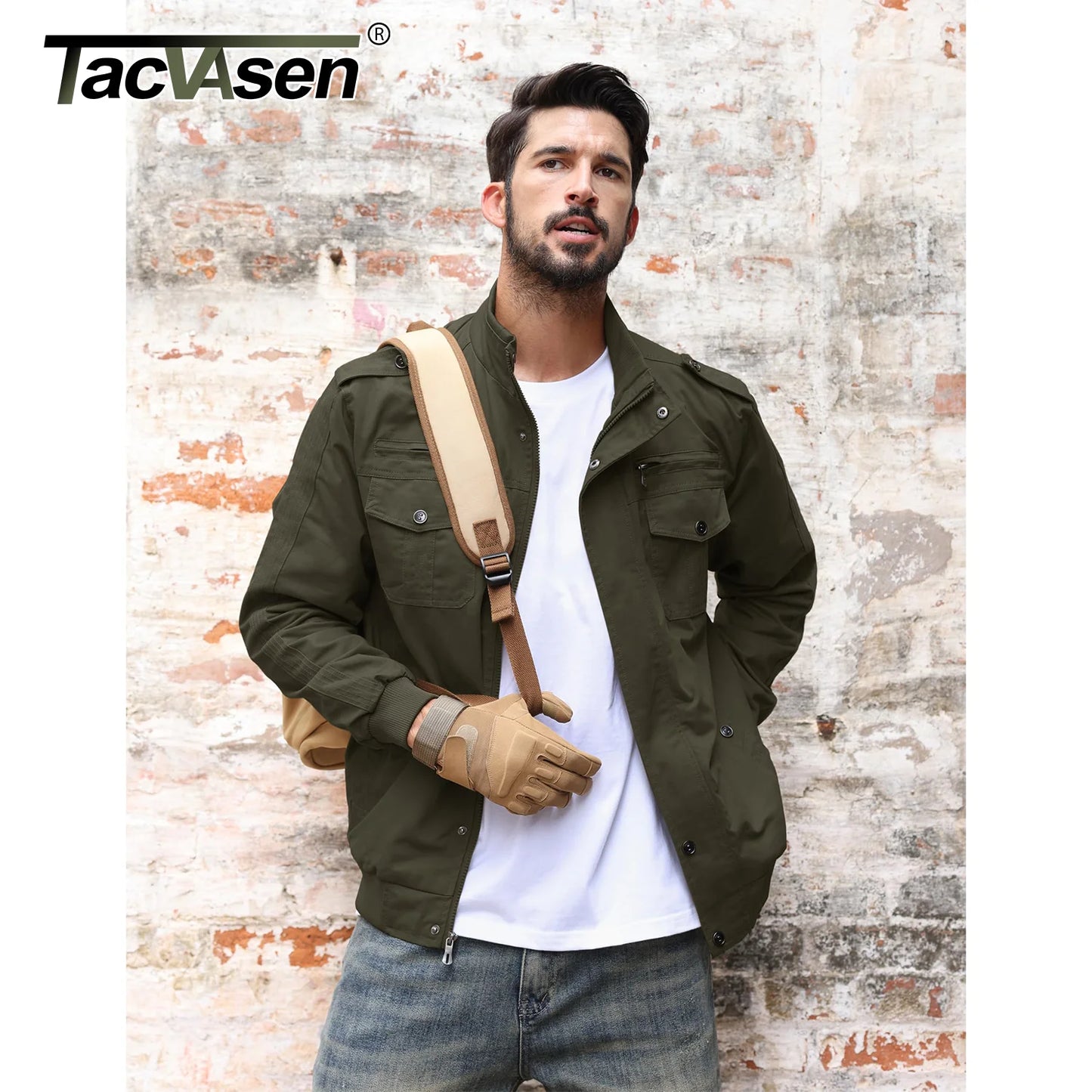 TACVASEN Pilot Bomber Jacket Coats Mens Cotton Cargo Jackets With Zipper Pockets Retro Casual Work Jacket Male Clothing Outwear