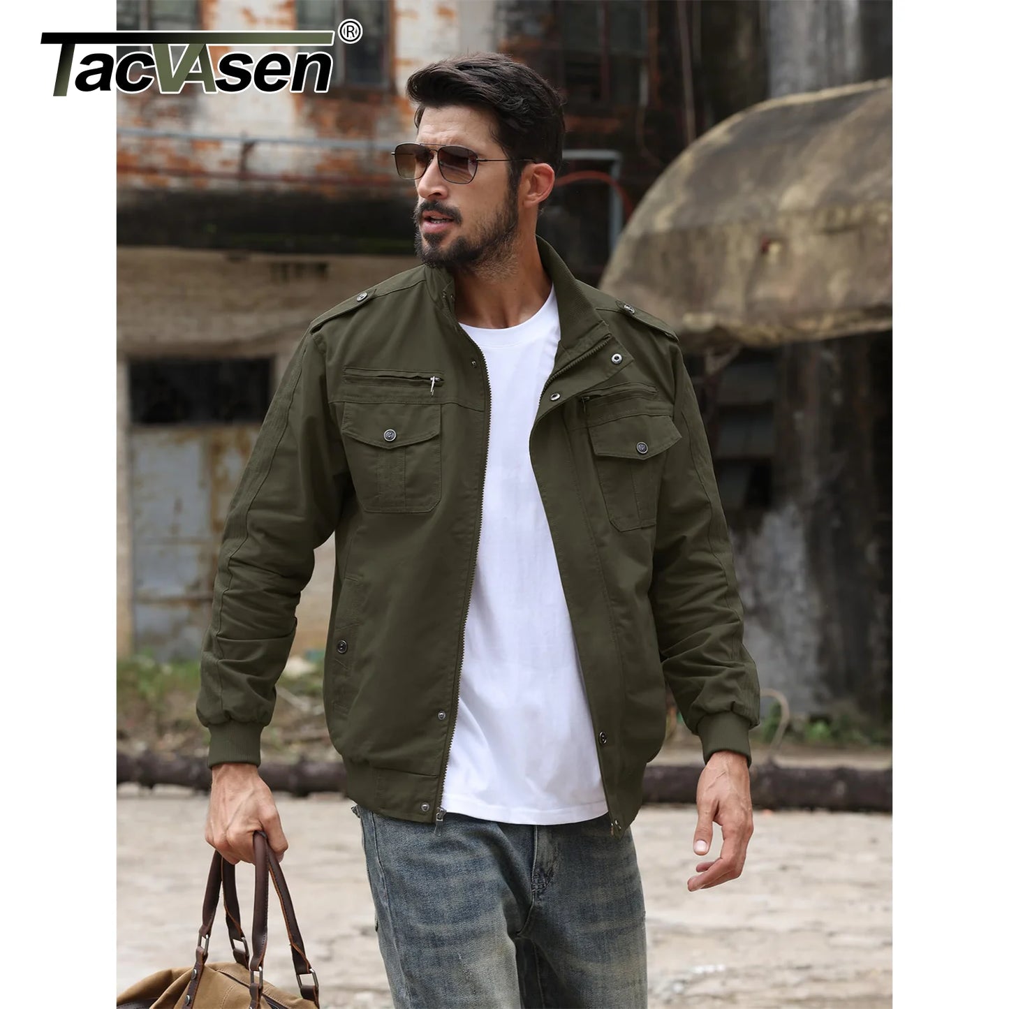 TACVASEN Pilot Bomber Jacket Coats Mens Cotton Cargo Jackets With Zipper Pockets Retro Casual Work Jacket Male Clothing Outwear