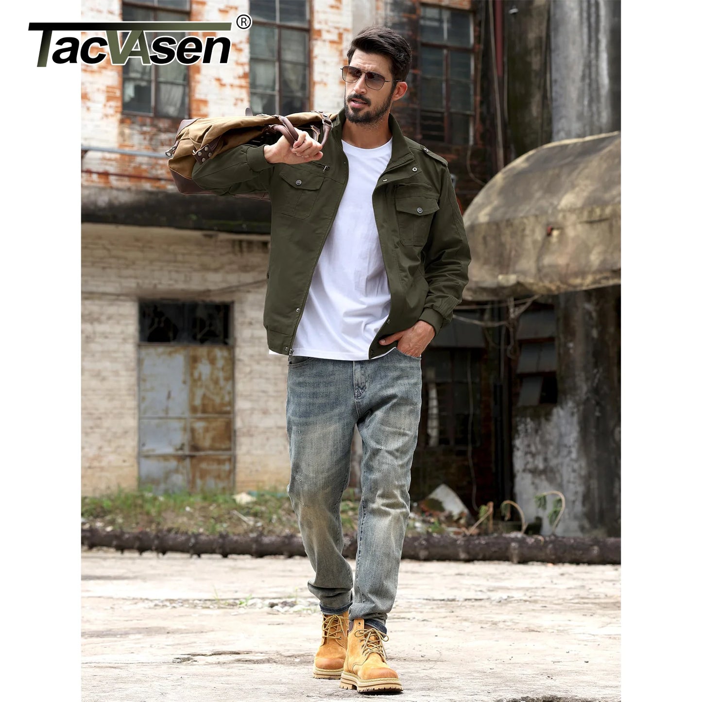 TACVASEN Pilot Bomber Jacket Coats Mens Cotton Cargo Jackets With Zipper Pockets Retro Casual Work Jacket Male Clothing Outwear