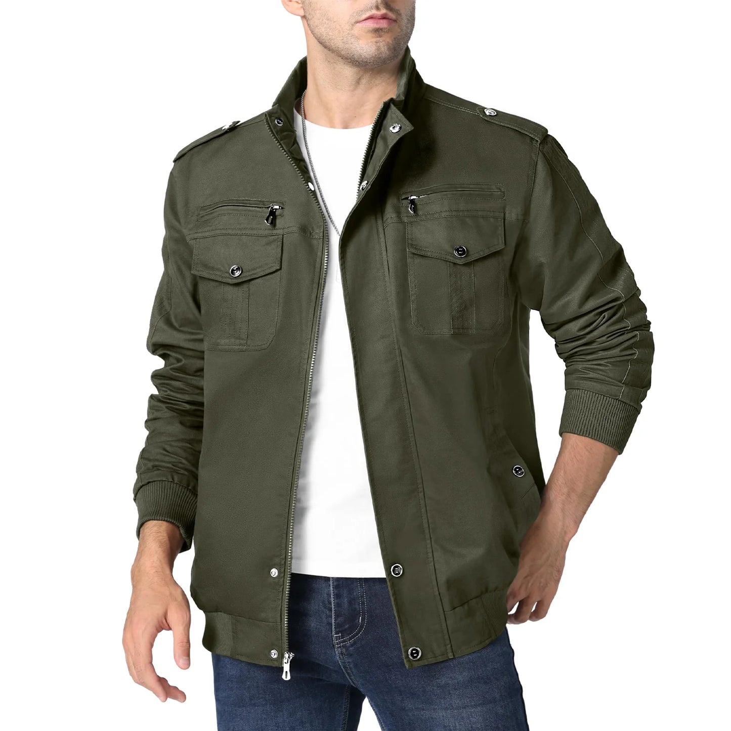 TACVASEN Pilot Bomber Jacket Coats Mens Cotton Cargo Jackets With Zipper Pockets Retro Casual Work Jacket Male Clothing Outwear